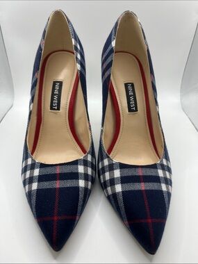 Nine West Navy Plaid Pointed-Toe Pumps with Red Accents